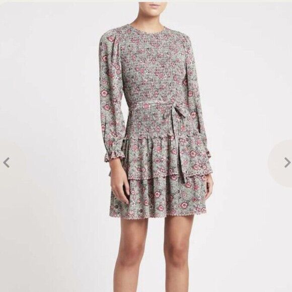 La Vie Rebecca Taylor Camila Crepe Smocked Floral Tiered Long Sleeve Dress XS - Picture 1 of 8